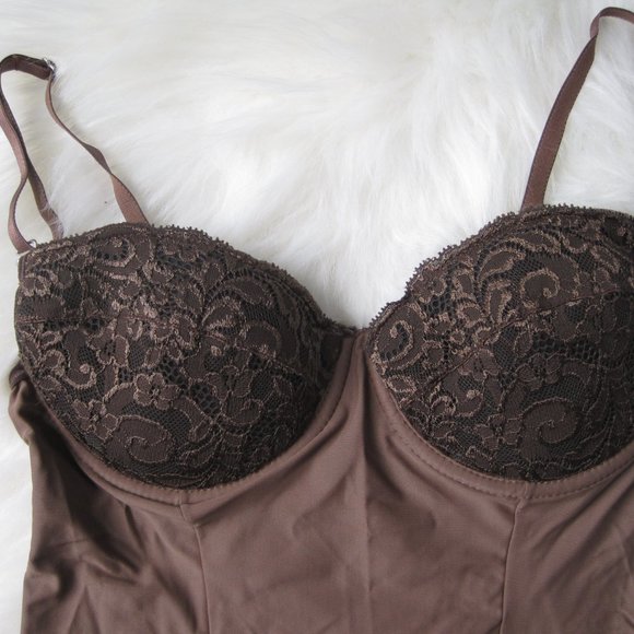 Sexy Dark Brown Lace Lingerie Bodysuit Padded Demi Bra Convertible Straps 36B M - Picture 2 of 10